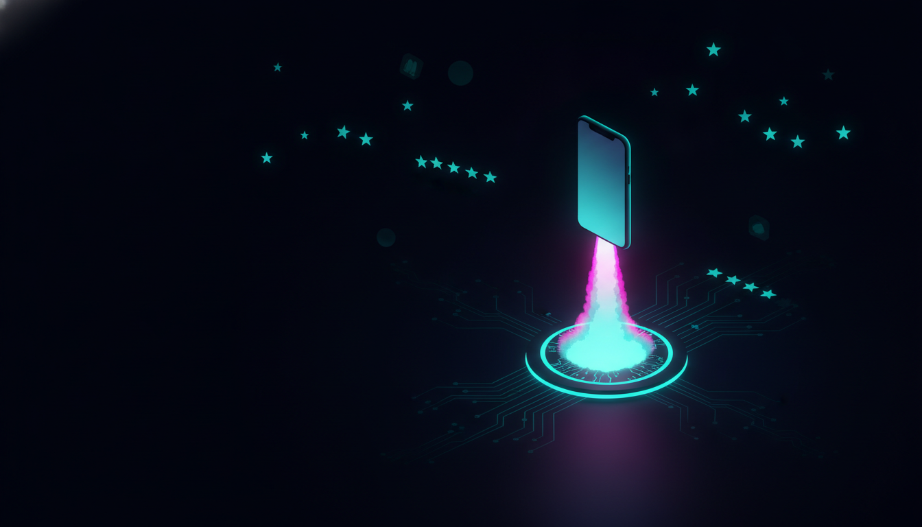 A smartphone launching upward like a rocket from a glowing pad at night with app store rating stars in the sky, representing app store submission and launch