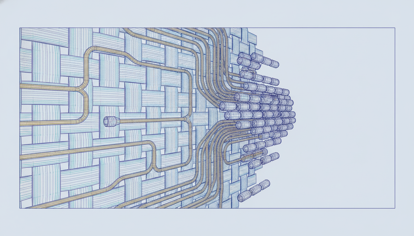 Brass pneumatic tubes converging into one narrow choke point with capsules queued behind it — how a single CI/CD dependency bottlenecks an entire engineering team