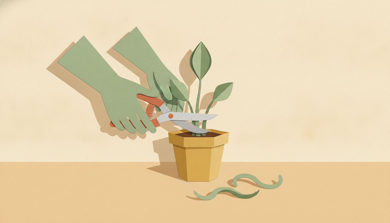 Hands using pruning shears to trim a small potted seedling down to a few strong stems, a metaphor for scoping a lean SaaS MVP