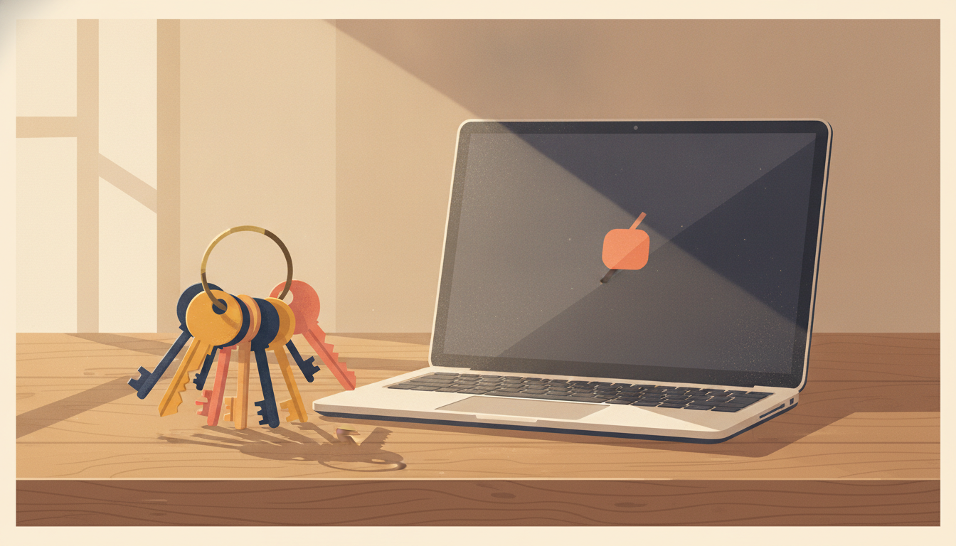 A worn brass ring crowded with unlabeled keys resting beside a dust-covered laptop, symbolizing inheriting access to an existing web application
