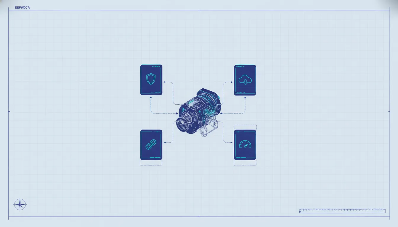 Blueprint-style technical schematic of a web application's subsystems labeled security, backups, performance, and dependencies