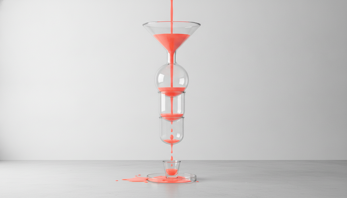 Nested glass measuring vessels narrowing from a wide funnel to a few drops in a small cup, illustrating how small business website traffic converts to enquiries