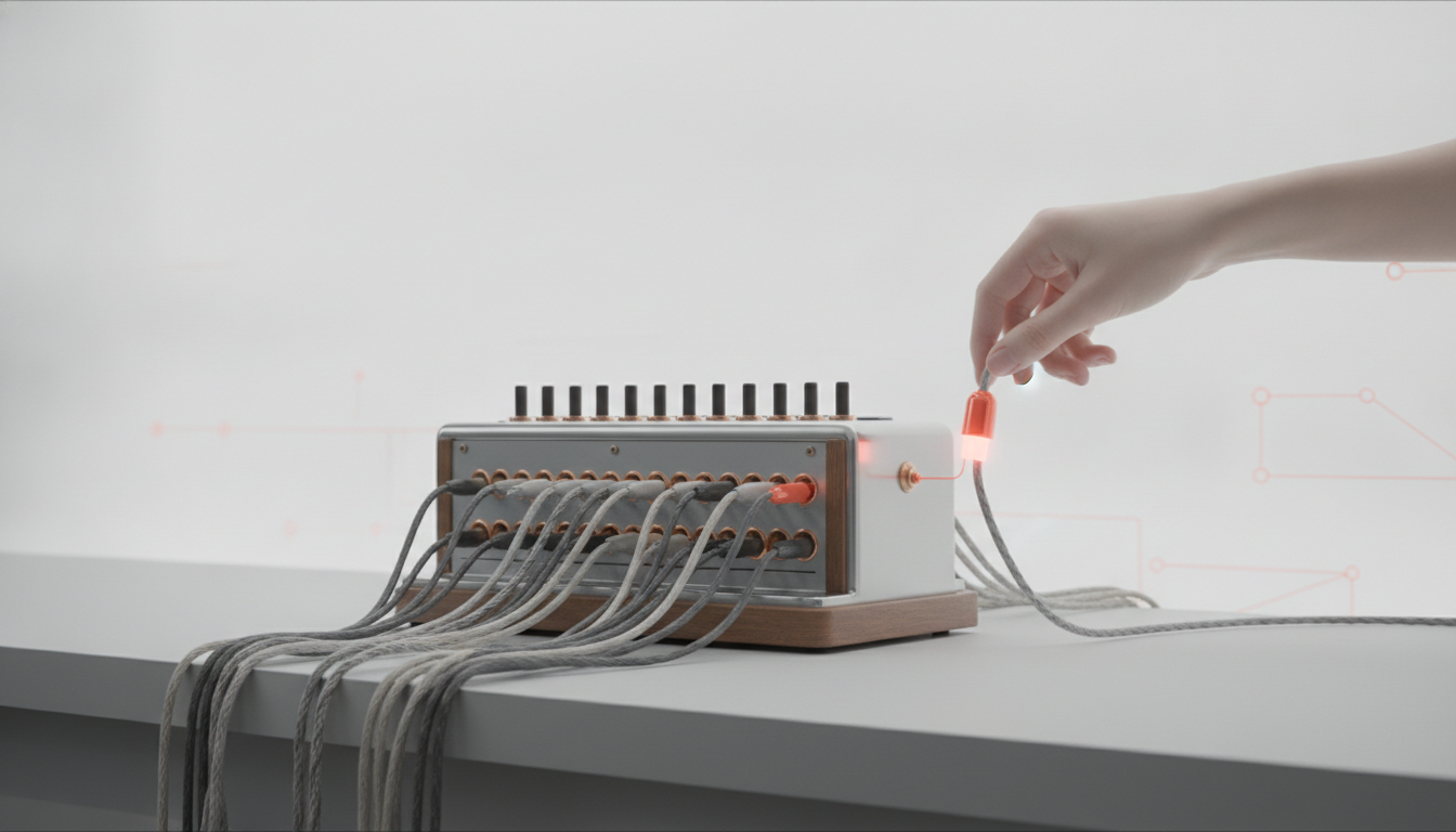 A vintage telephone switchboard with braided cables in brass sockets and a hand moving a single plug, illustrating how an on-device LLM routes instructions to the right tool call