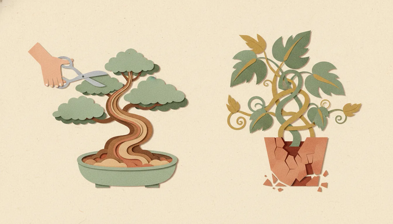 A well-tended bonsai being pruned with small shears in layered structured soil beside a wild overgrown vine, a metaphor for disciplined Django maintenance versus unmanaged Node.js dependency sprawl