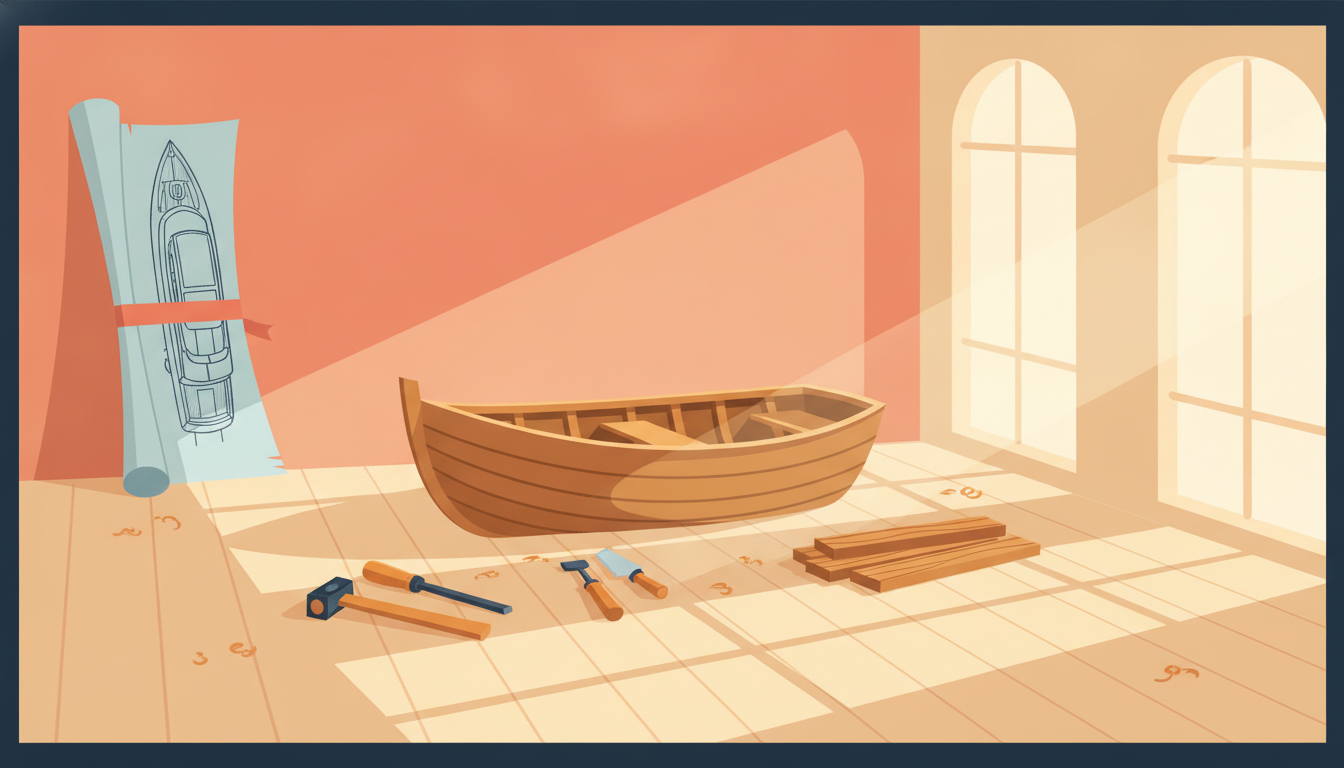 A single sturdy rowboat being assembled from essential timber while a rolled-up yacht blueprint sits aside, a metaphor for building a lean SaaS MVP