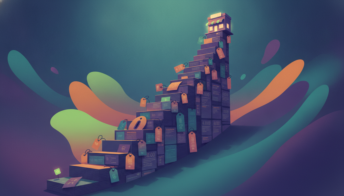 A small business website perched on a rising staircase of monthly subscription invoices, illustrating the hidden costs of website builders like Wix and Squarespace