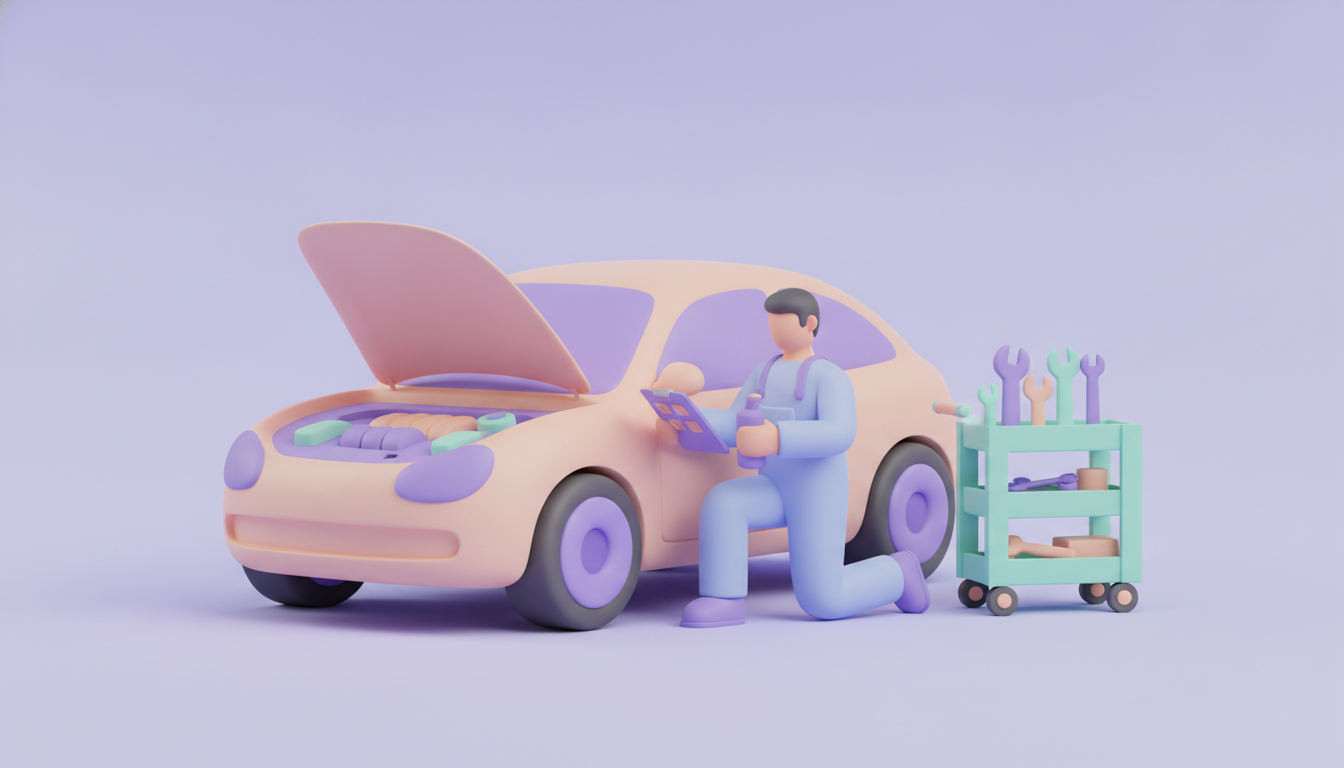 Mechanic in overalls performing scheduled service on a sleek car with a maintenance checklist, a metaphor for ongoing web app maintenance after launch