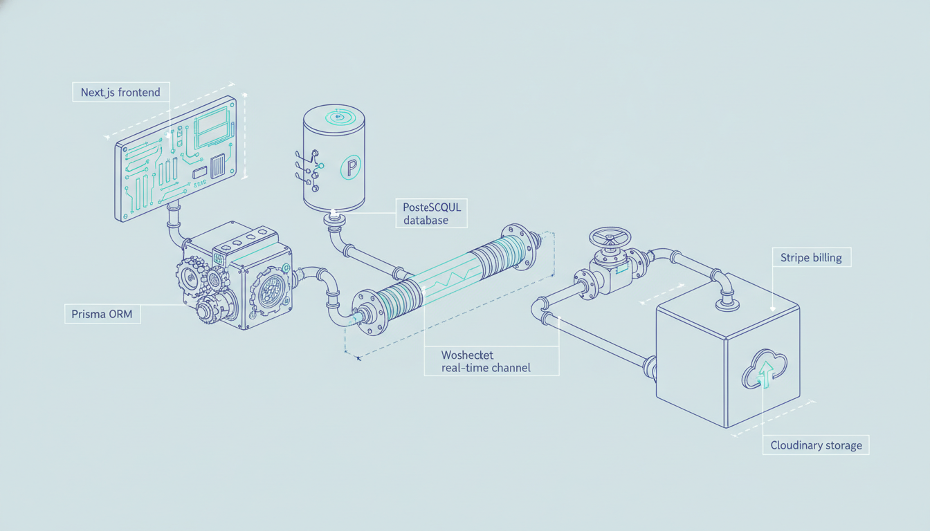 Blueprint-style diagram of the SaaS tech stack: Next.js, PostgreSQL, Prisma, WebSockets, Stripe and Cloudinary