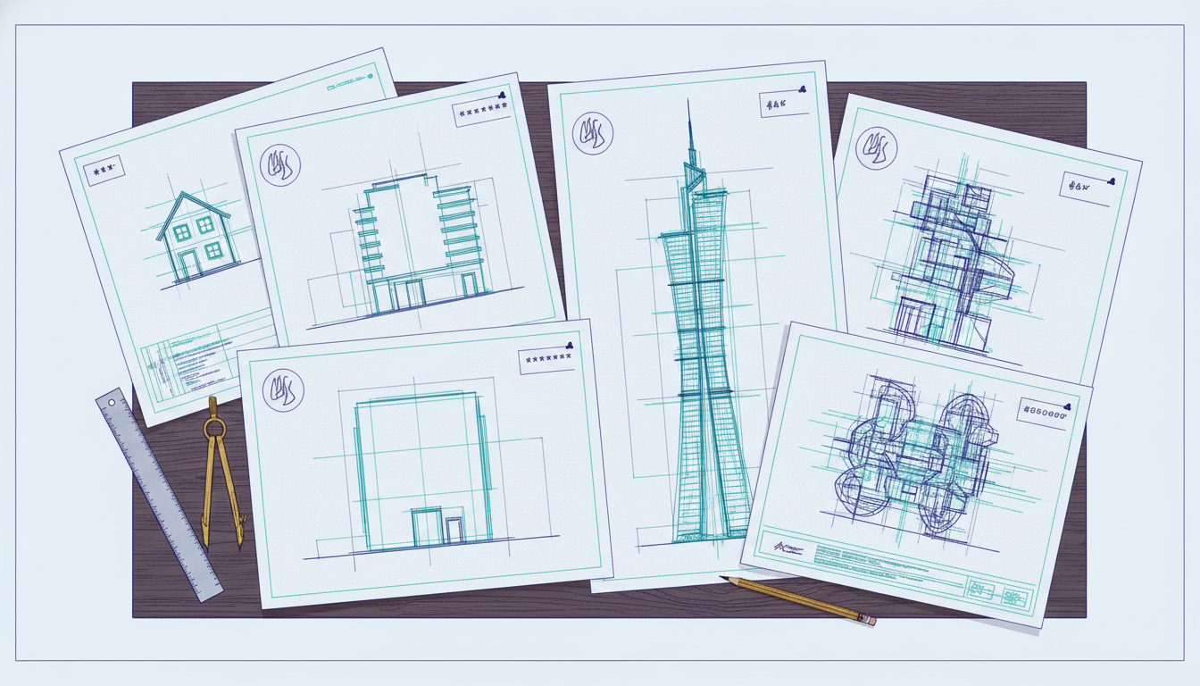 Five different blueprints of the same project on a drafting table, each with a different price tag, showing why vague briefs produce inconsistent developer quotes