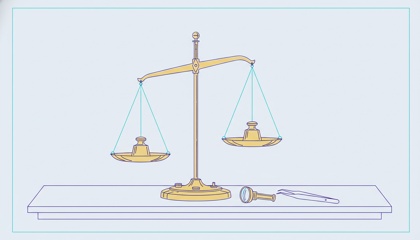 Brass balance scales holding two nearly identical weights with the beam almost perfectly level, illustrating how close the Ornith 1.5 and Claude Opus 4.8 benchmark scores are