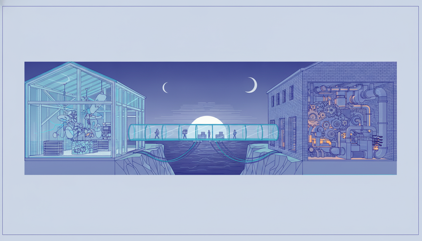 Blueprint-style cutaway of a glass frontend pavilion and a brick backend machine hall joined by an elevated walkway, illustrating a decoupled Next.js and Django architecture