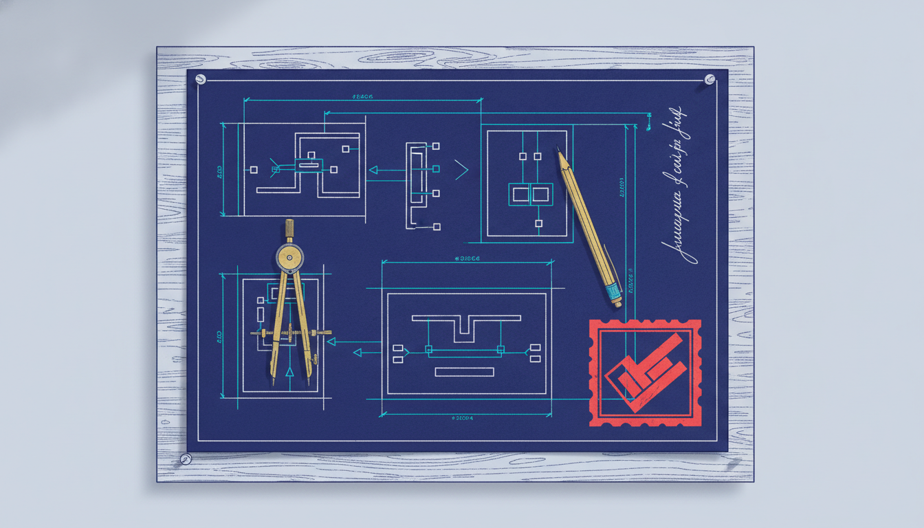 Detailed architectural blueprint on a drafting table with dimensions, annotations and a red-pen approval stamp, representing a software project specification document