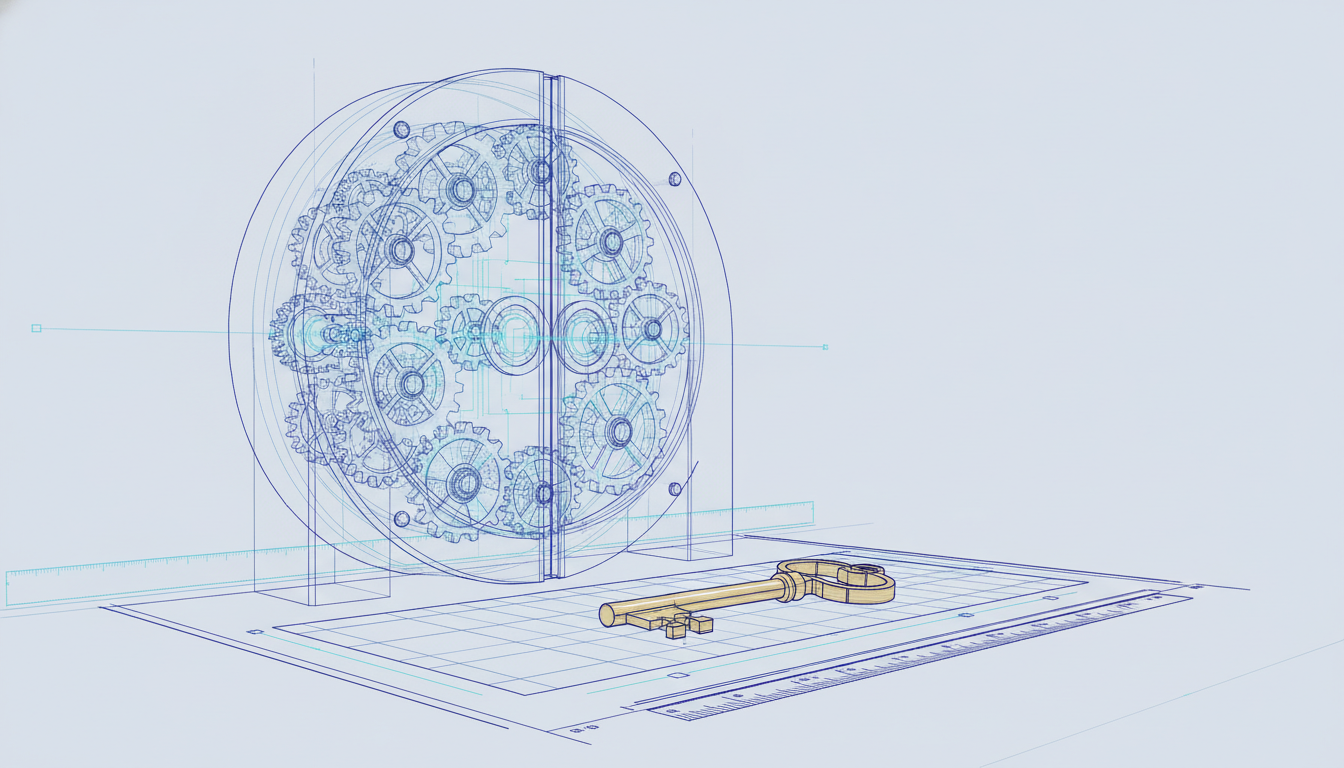 A transparent vault door built from interlocking gears with a single brass key resting on a drafting table, representing SaaS code and IP ownership