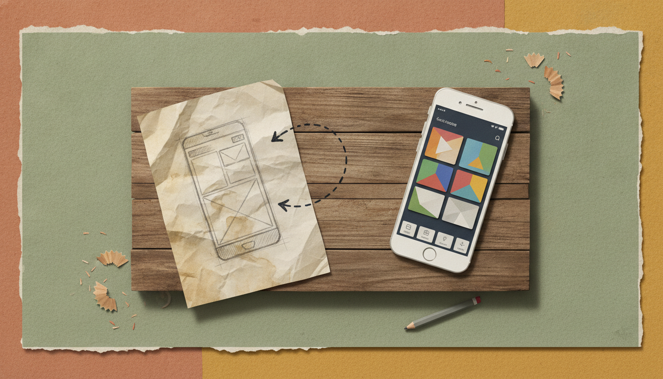 A hand-sketched mobile app wireframe on a paper napkin evolving into a finished smartphone app across a workbench, showing the idea-to-App-Store process