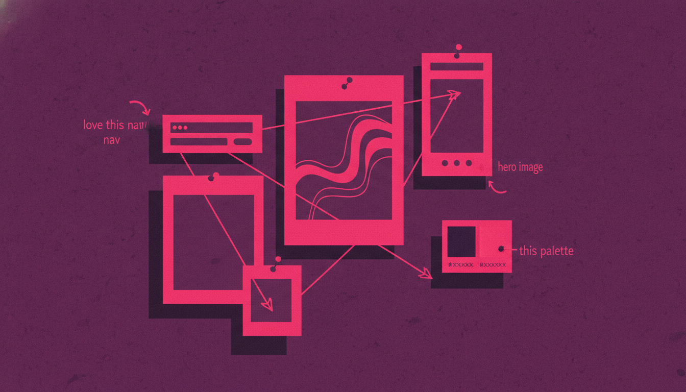 A duotone mood board of annotated app screenshots and brand colors used as visual references in a project brief