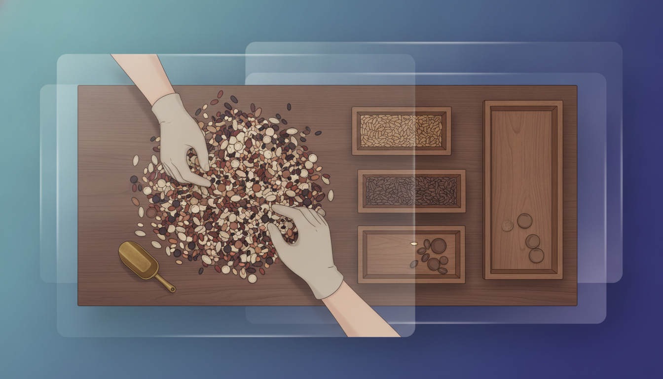 Hands sorting mixed seeds into three trays of different sizes, representing sorting 100 small business ideas by software intensity