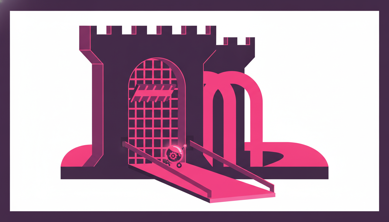 Cross-section of a layered castle gate with drawbridge, portcullis, and guard checkpoints as a small robot passes through, illustrating layered AI agent guardrails