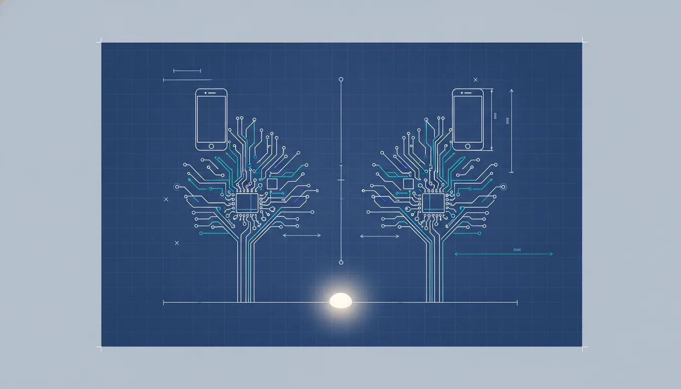 A single glowing Dart seed splitting into two identical device trees representing one Flutter codebase producing iOS and Android apps