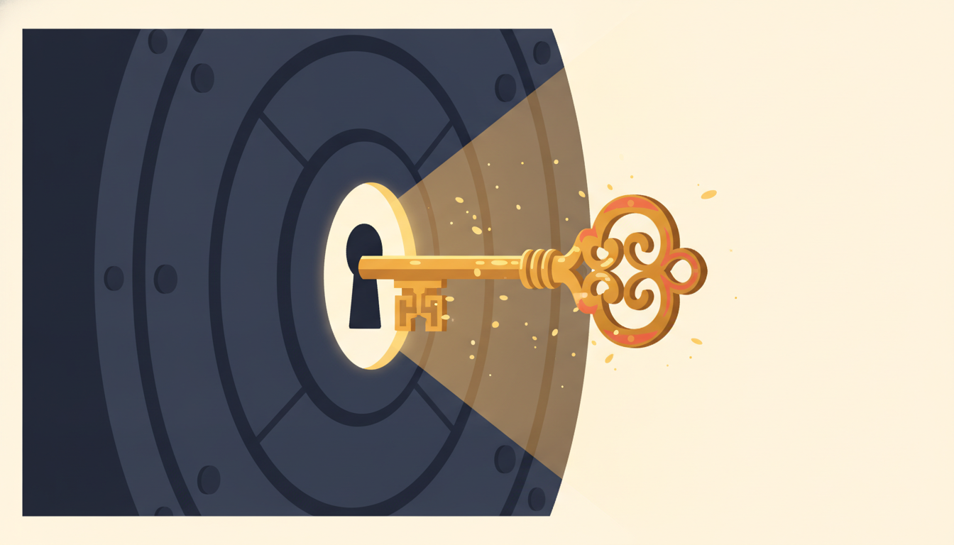 Close-up of an ornate brass key sliding into a glowing keyhole on a heavy vault door, a metaphor for authentication between a Next.js frontend and a Django API