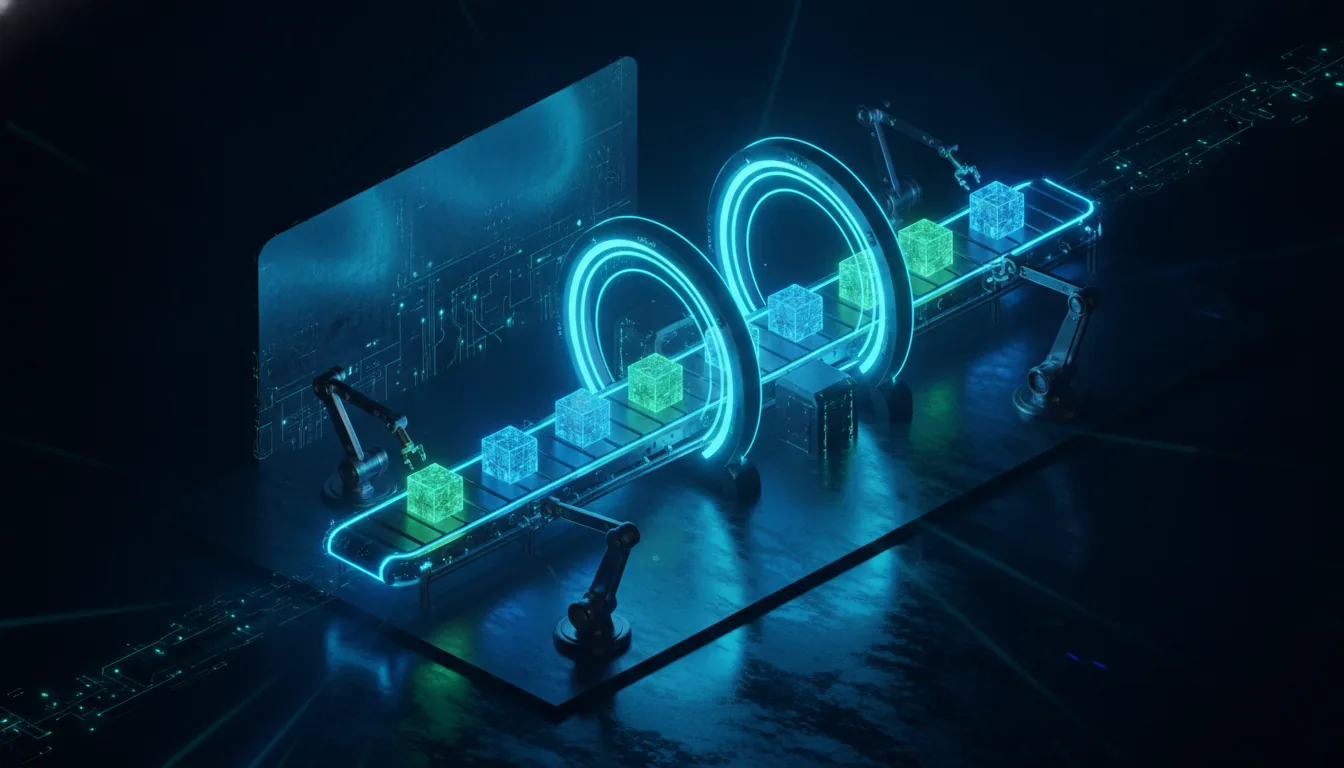 Neon-lit automated assembly line at night carrying luminous cubes through scanning arches, a metaphor for a Django CI/CD deploy pipeline