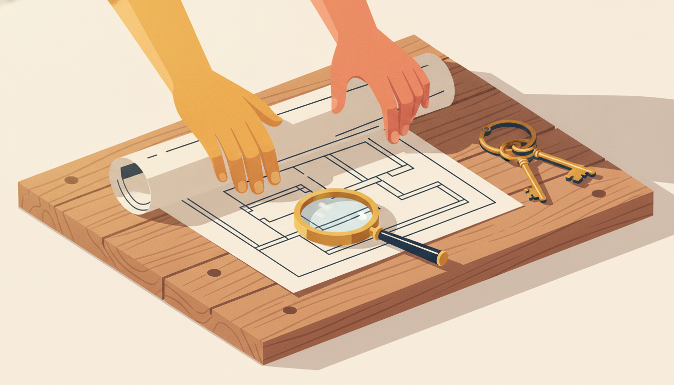 A pair of hands comparing two blueprint scrolls beside a brass magnifying glass and a ring of keys, symbolizing vetting a SaaS development agency