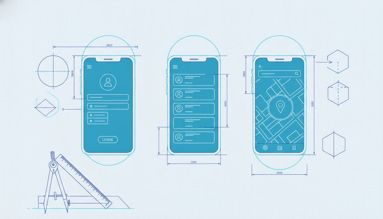 Blueprint-style technical drawing of mobile app screens with wireframe layouts and dimension annotations representing the UX design phase