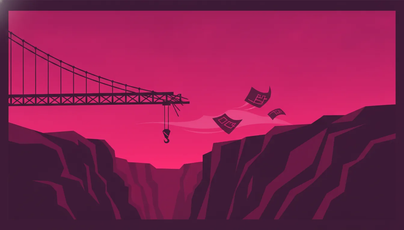 Half-built bridge stranded over a canyon with abandoned scaffolding and blueprints blowing away, a metaphor for software development projects that fail