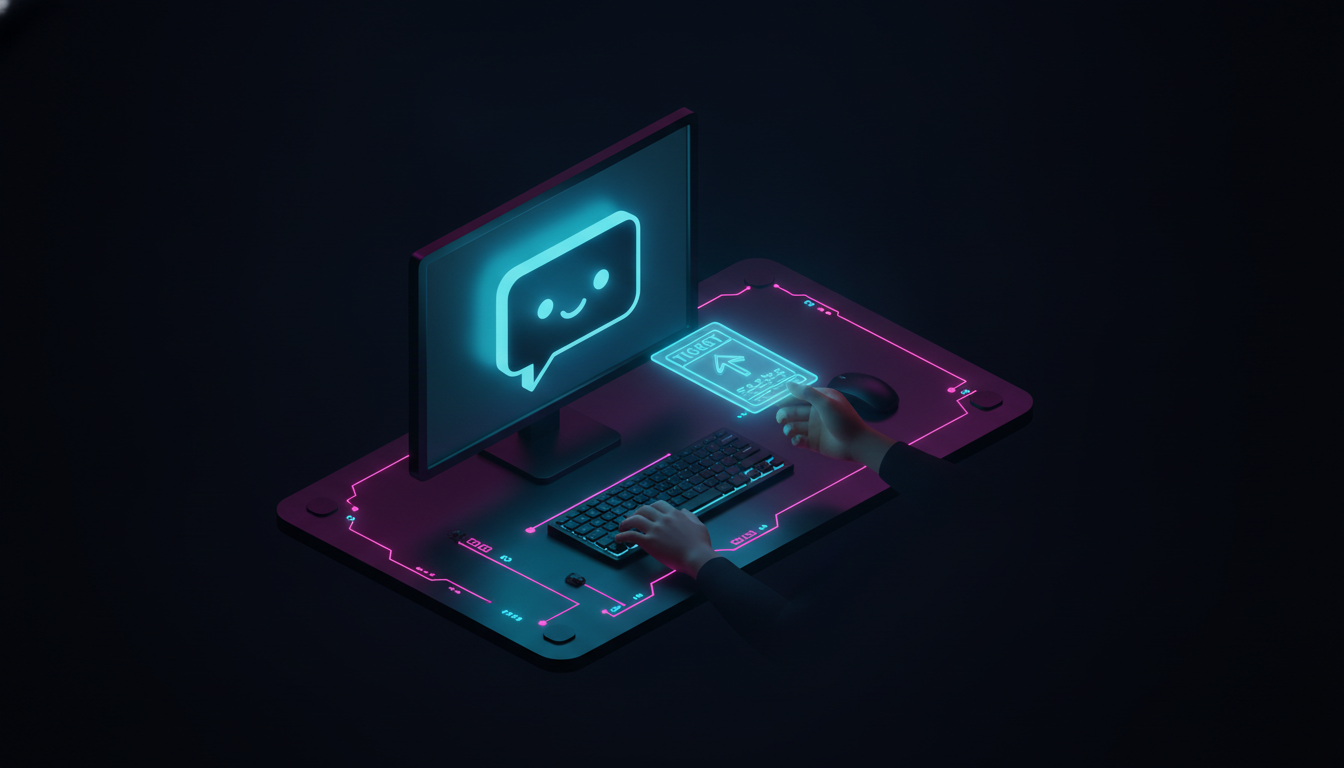 A late-night support desk where a glowing neon chatbot speech bubble hands a complex ticket to a human agent at a keyboard
