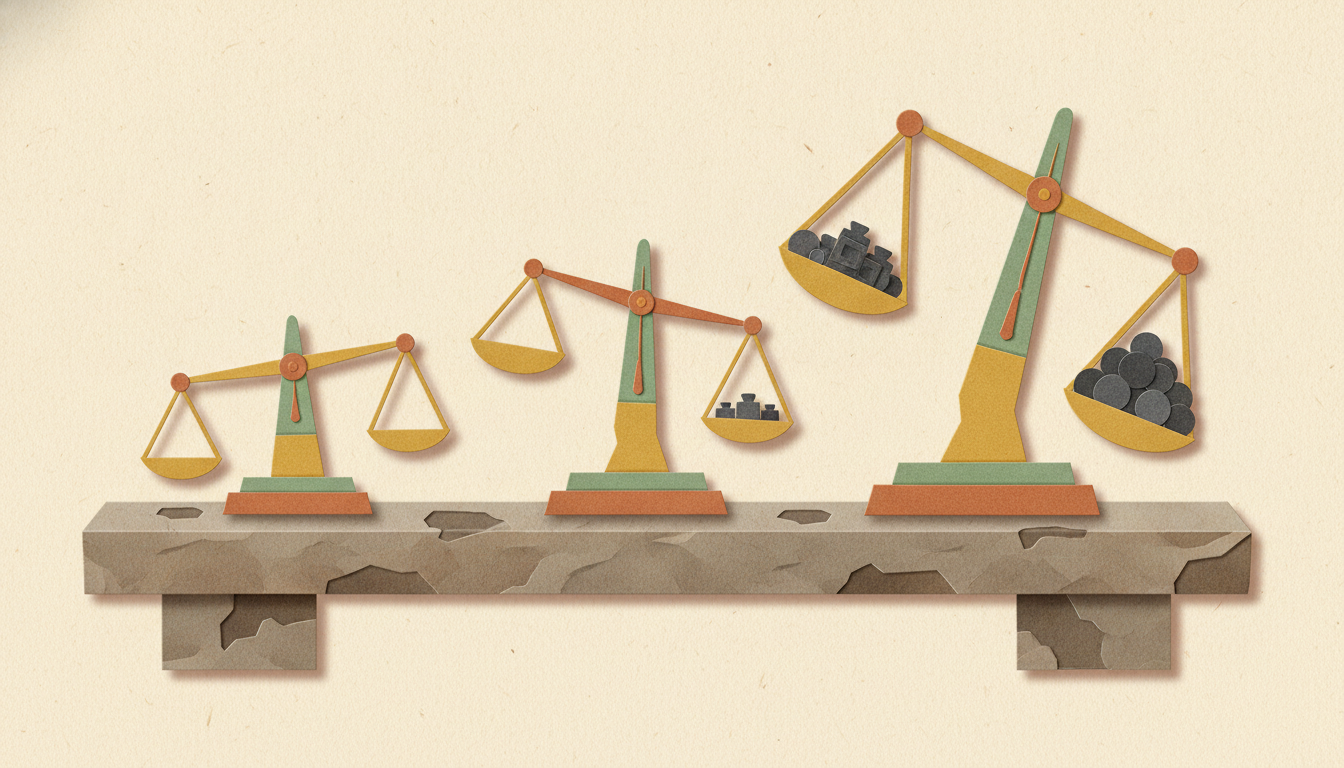 Three brass balance scales of increasing size, the largest tipping under iron weights — a metaphor for tiered open-weight AI licence thresholds