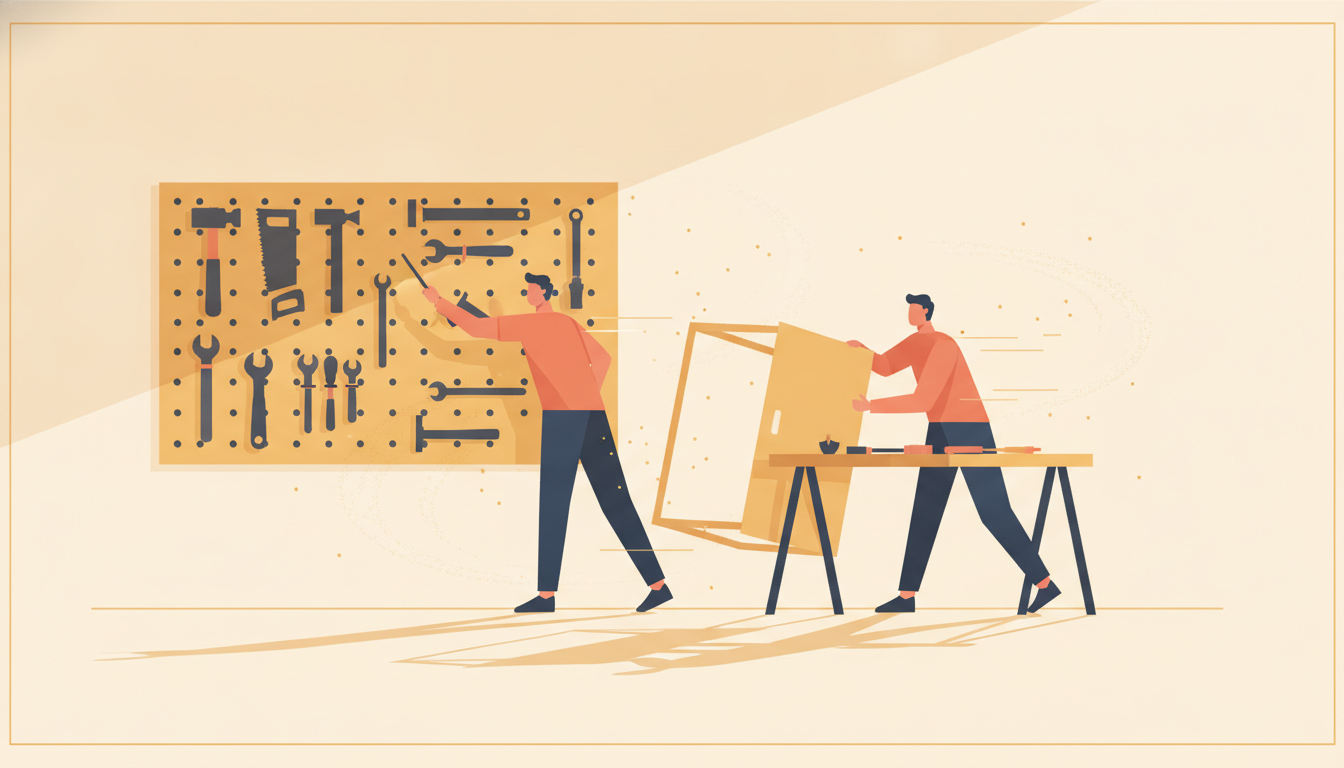 A single carpenter using a fully stocked pegboard of ready tools to assemble a cabinet quickly in warm workshop light, a metaphor for Django's batteries-included developer velocity