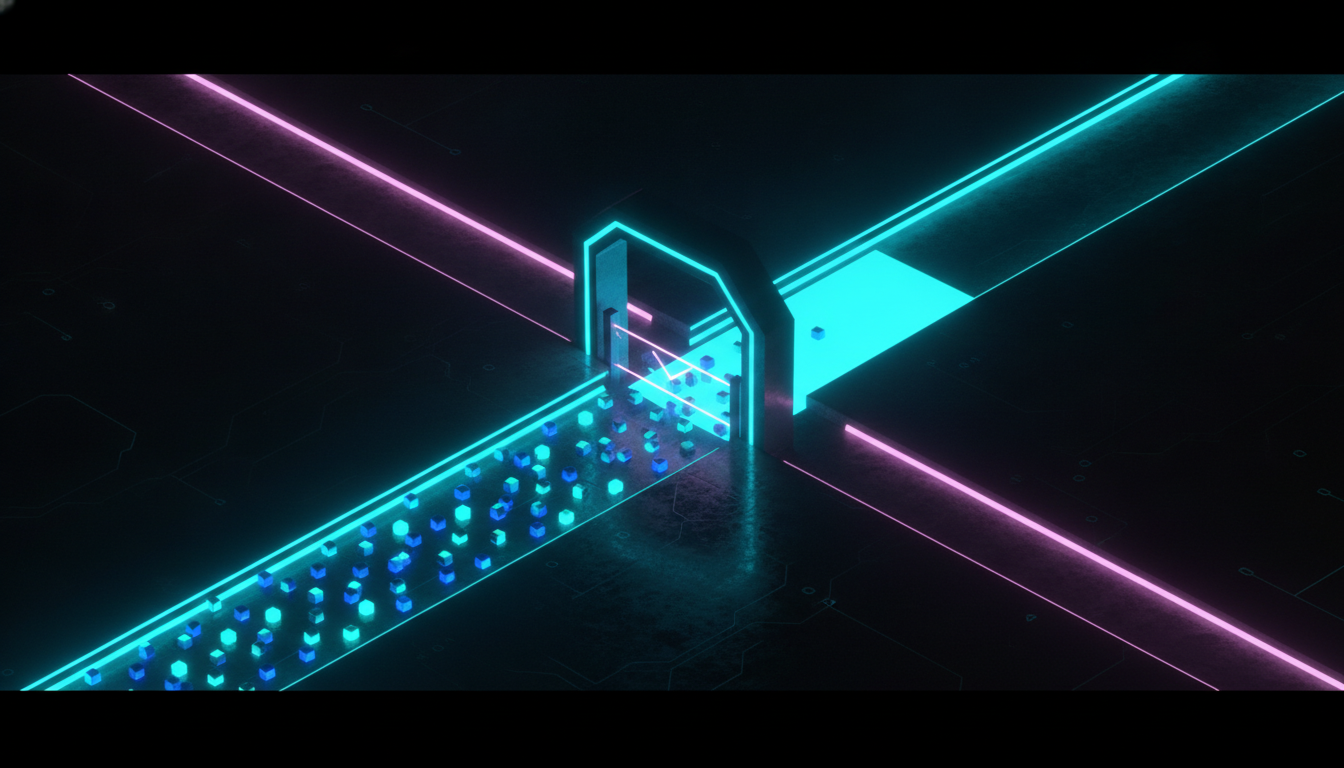 Neon-lit night border checkpoint where glowing data cubes pass through a gate, some waved through and some stopped, illustrating CORS and deployment boundaries