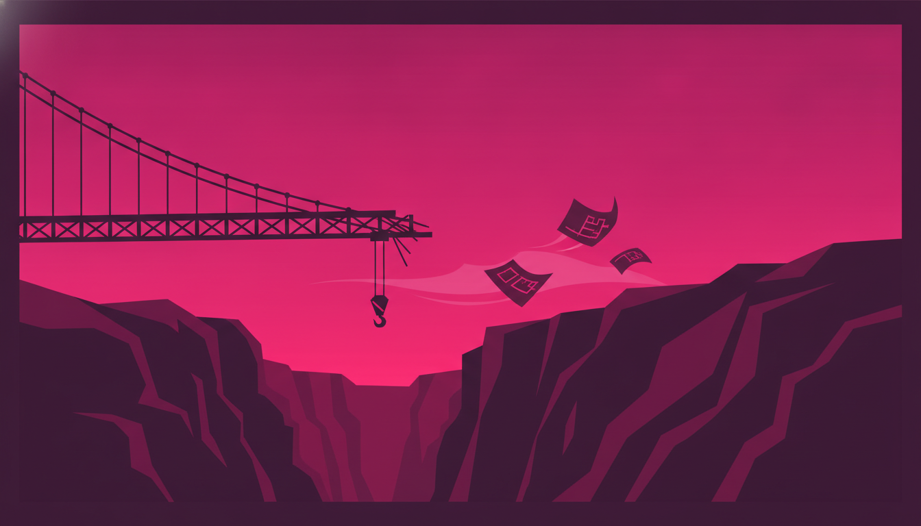 Half-built bridge stranded over a canyon with abandoned scaffolding and blueprints blowing away, a metaphor for software development projects that fail