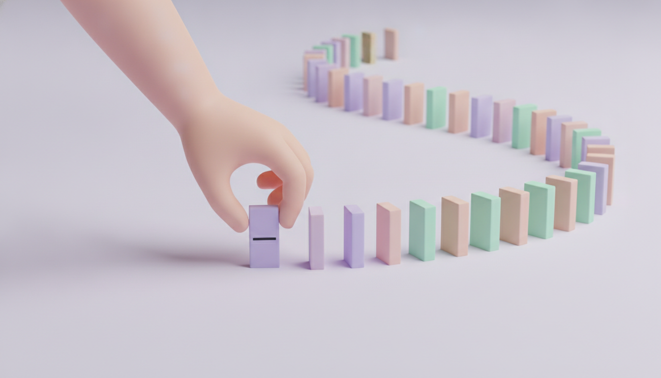 A hand placing the final domino in a long curving line of standing dominoes — choosing the single trigger point that starts an automated workflow