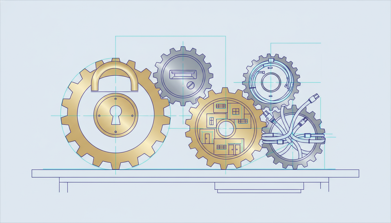 Four interlocking brass gears of different sizes shaped like a padlock, a coin slot, nested rooms, and a bundle of cables, representing auth, billing, multi-tenancy, and integrations